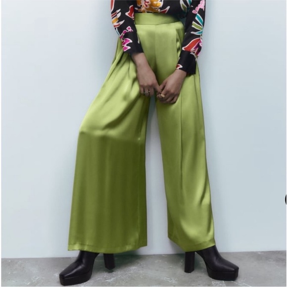Zara Pants - Zara Green Satin Wide Leg Pants Size XS